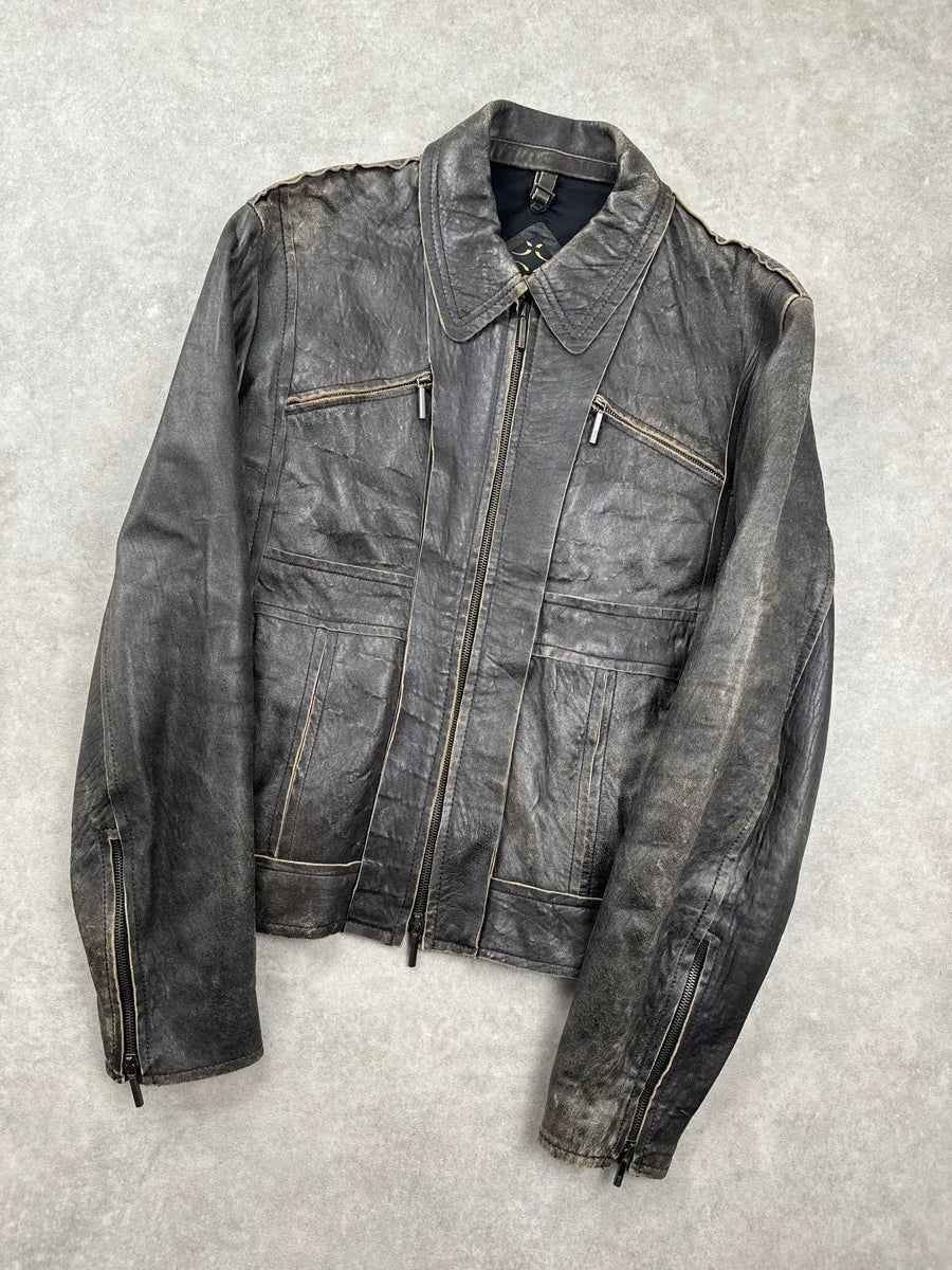 AW2005 Cavalli Dark Grey Eroded Biker Leather Jacket zbscpaMs 3