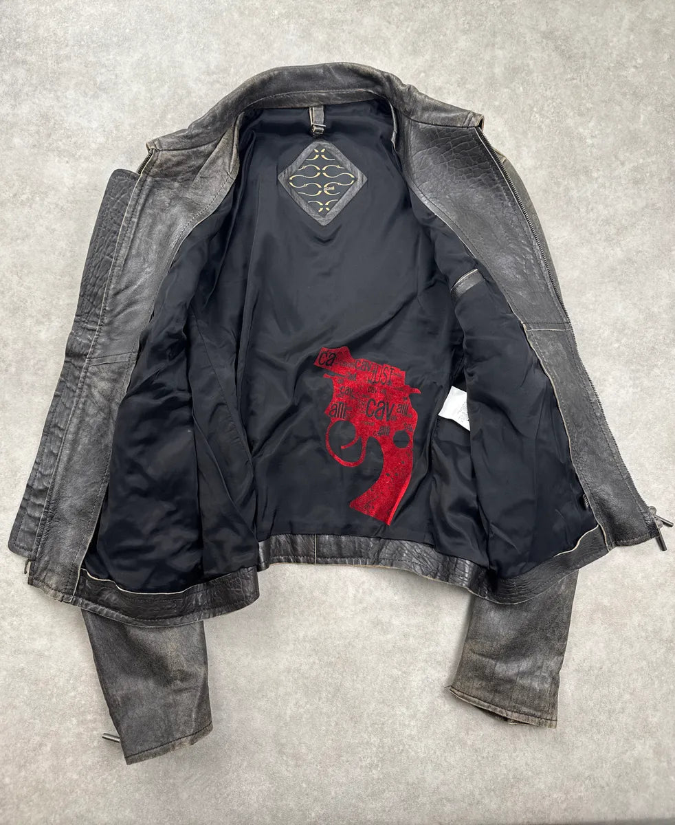AW2005 Cavalli Dark Grey Eroded Biker Leather Jacket zbscpaMs 5
