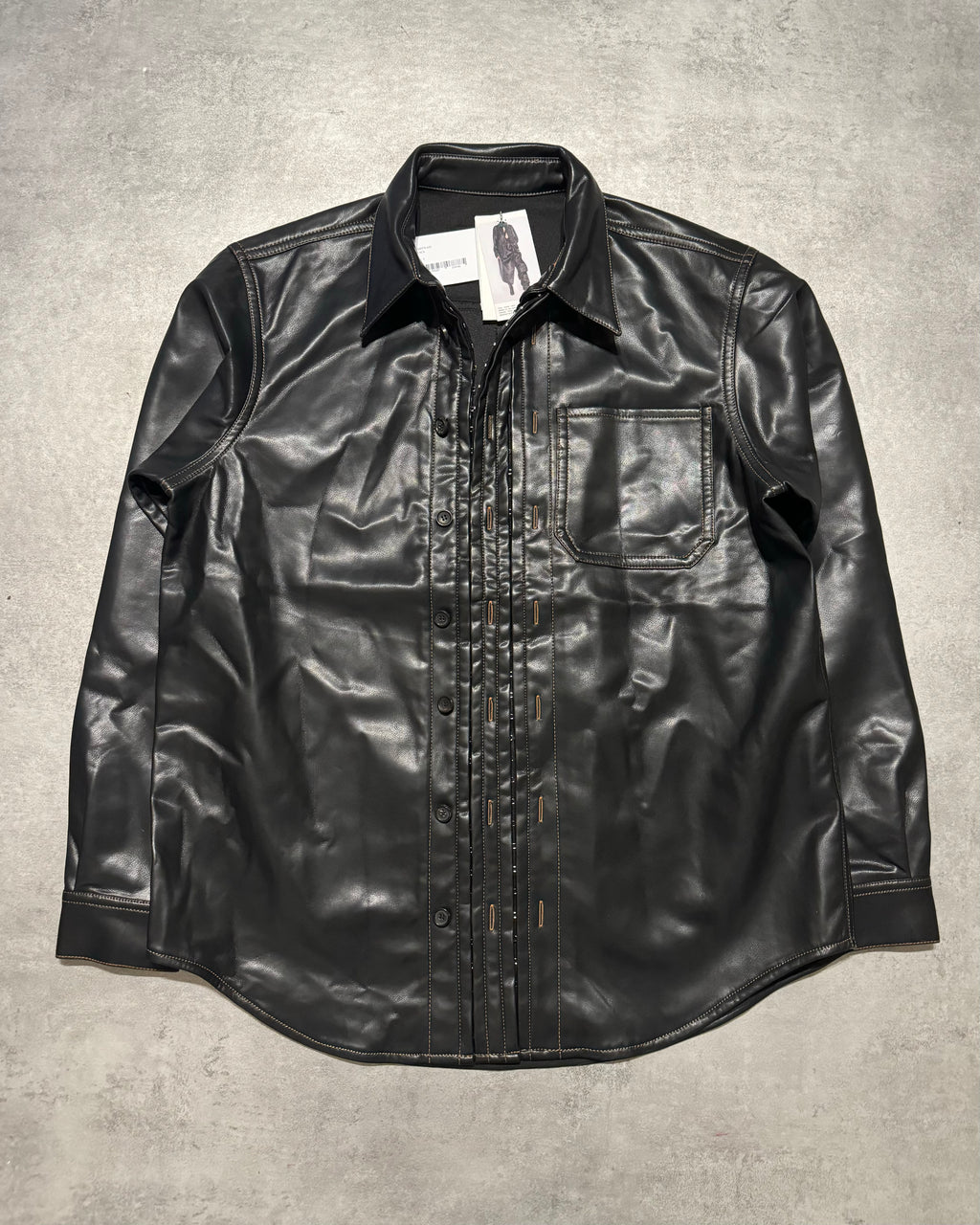 SS2025 Y/Project Black Hook & Eye Grained Faux-Leather Shirt (L) - 1
