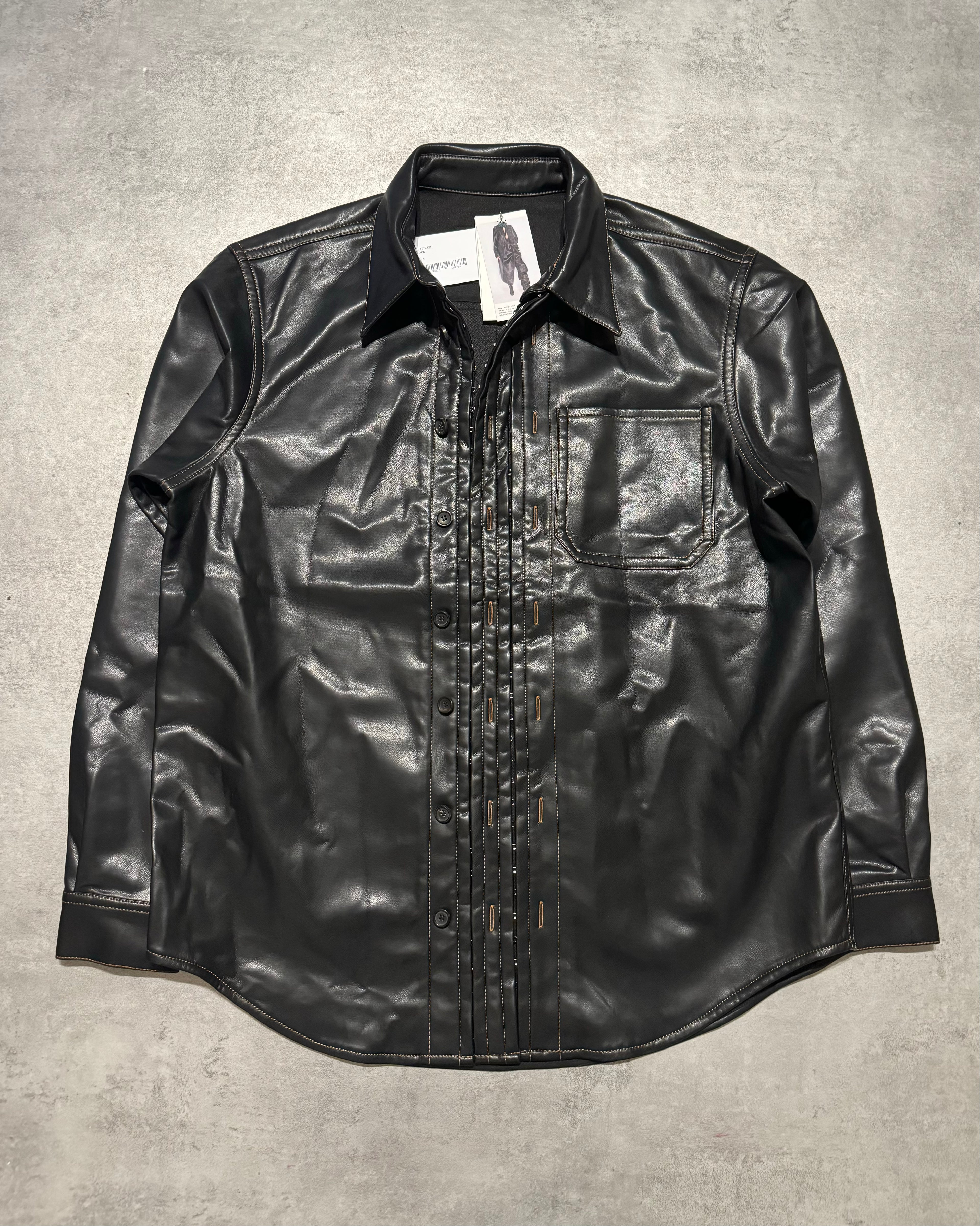 SS2025 Y/Project Black Hook & Eye Grained Faux-Leather Shirt (L) - 1