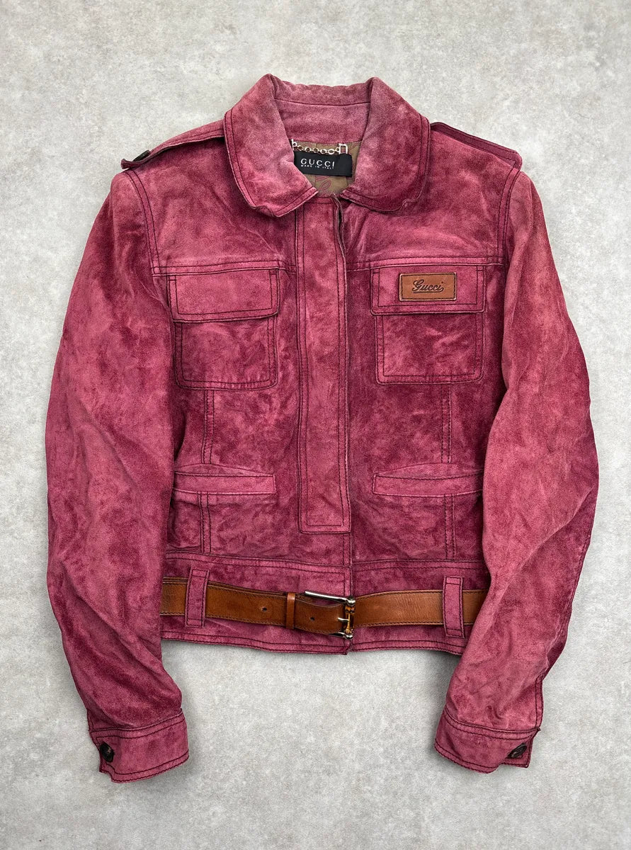 2000s Gucci Deep Raspberry Suede Utility Belted Leather Jacket zhEokEsL 0