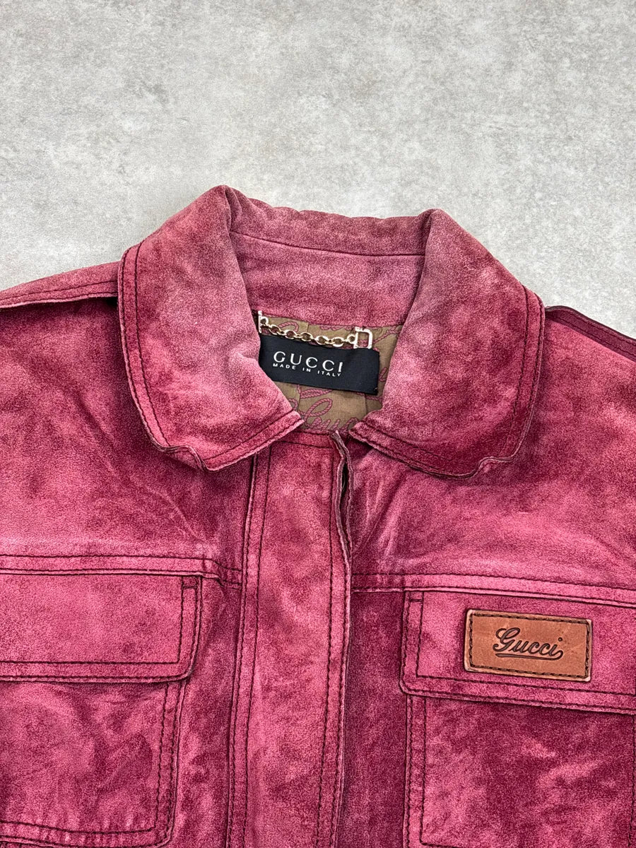 2000s Gucci Deep Raspberry Suede Utility Belted Leather Jacket zhEokEsL 5