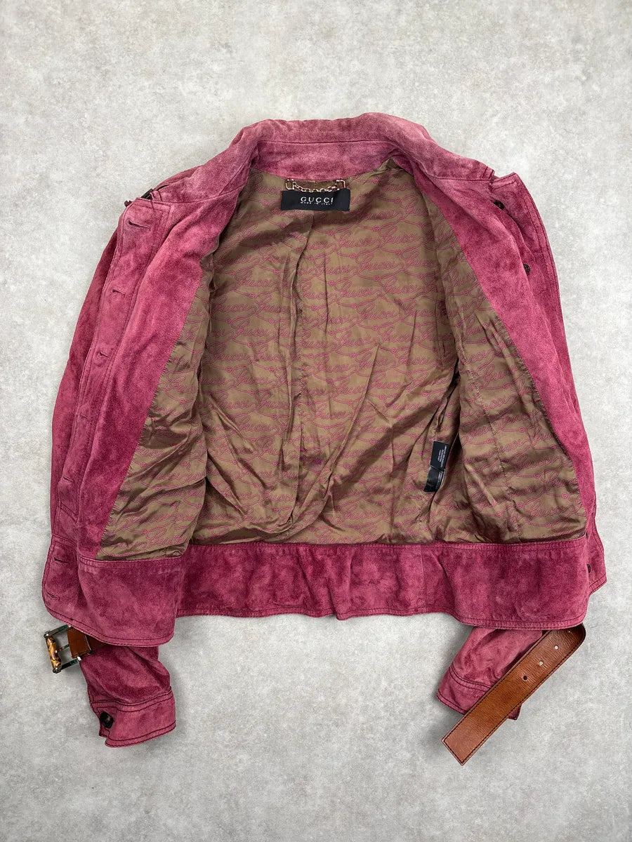 2000s Gucci Deep Raspberry Suede Utility Belted Leather Jacket zhEokEsL 3