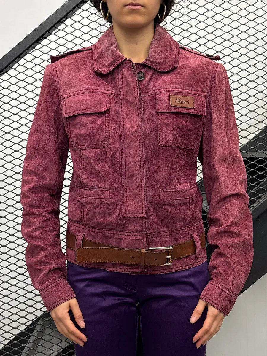 2000s Gucci Deep Raspberry Suede Utility Belted Leather Jacket zhEokEsL 1