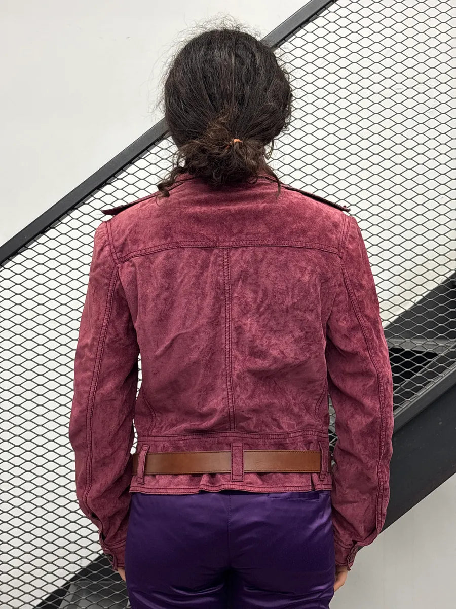 2000s Gucci Deep Raspberry Suede Utility Belted Leather Jacket zhEokEsL 2
