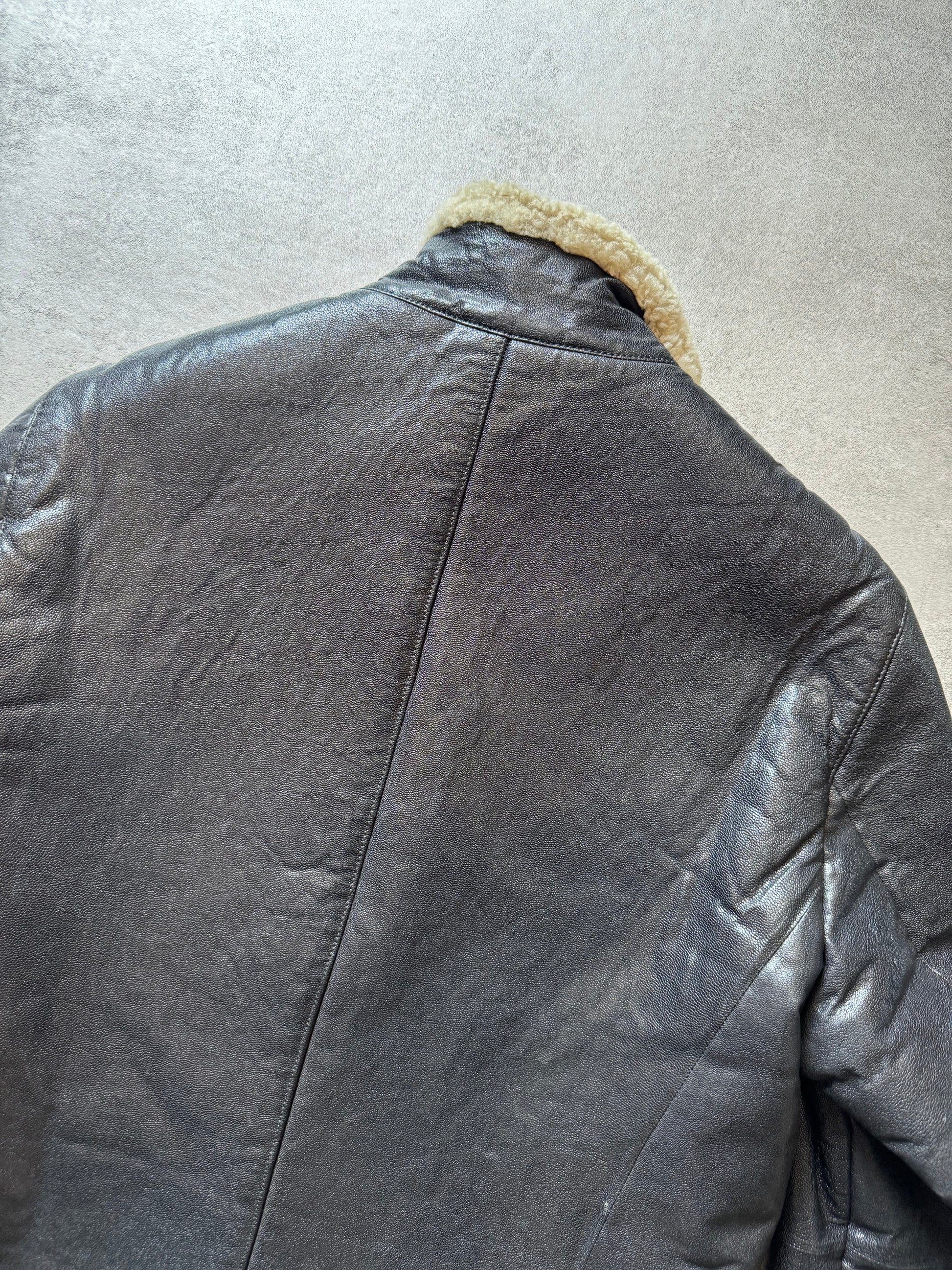 AW2007 Jil Sander Black Asymmetrical Shearling Leather Jacket by Raf Simons (M) - 5