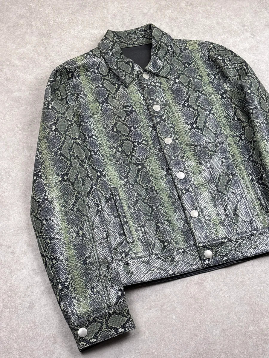 Givenchy Green Leather Python Embossed Trucker Leather Jacket zuxbrpmD 3