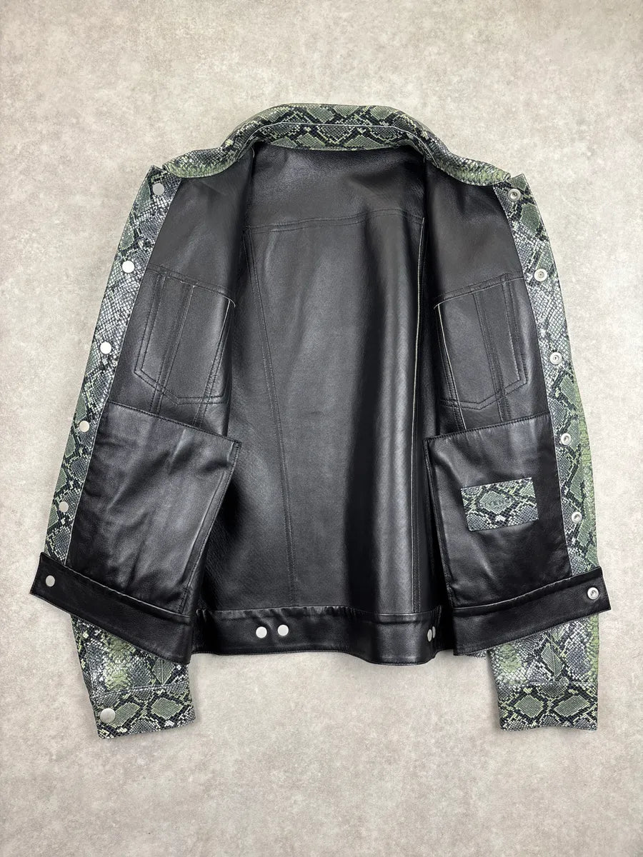 Givenchy Green Leather Python Embossed Trucker Leather Jacket zuxbrpmD 4