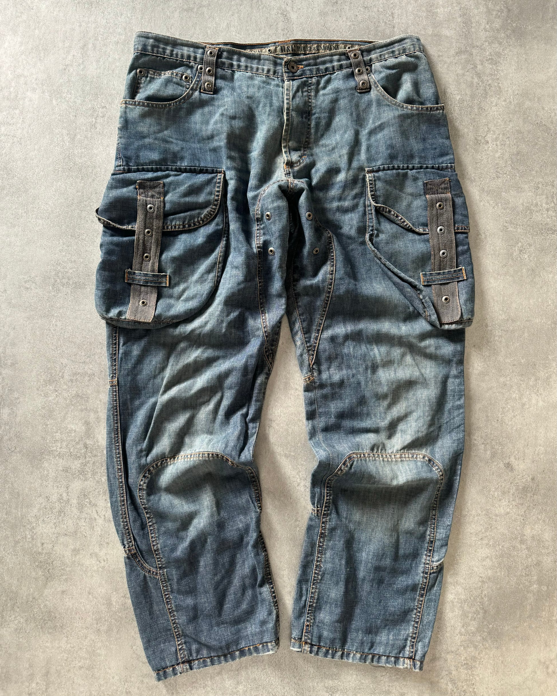 SS2004 Dolce & Gabbana Blue Cargo Bondage Denim Pants (XL) - 1