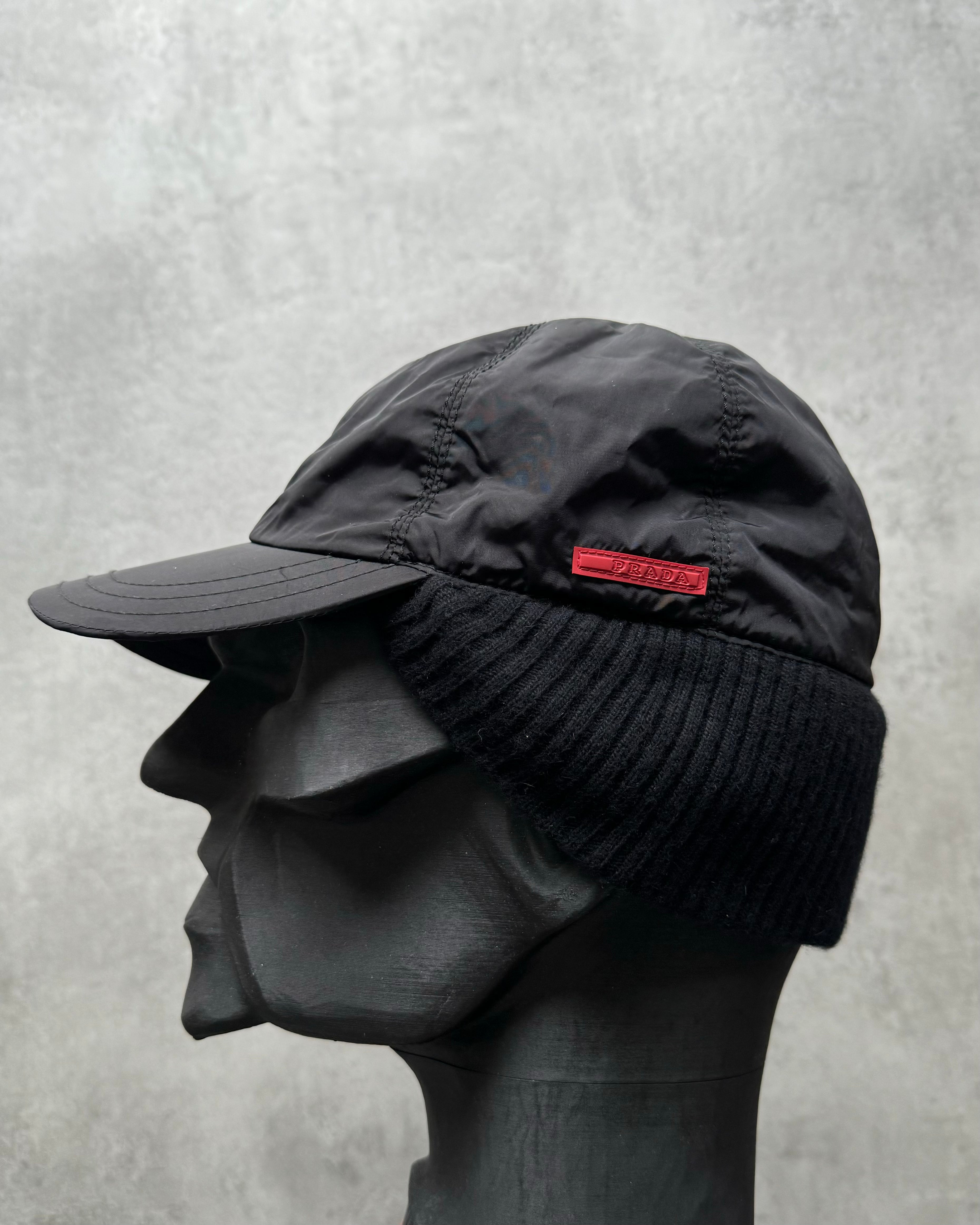 AW2001 Prada Black Wool Protect Nylon Cap  (OS) - 1