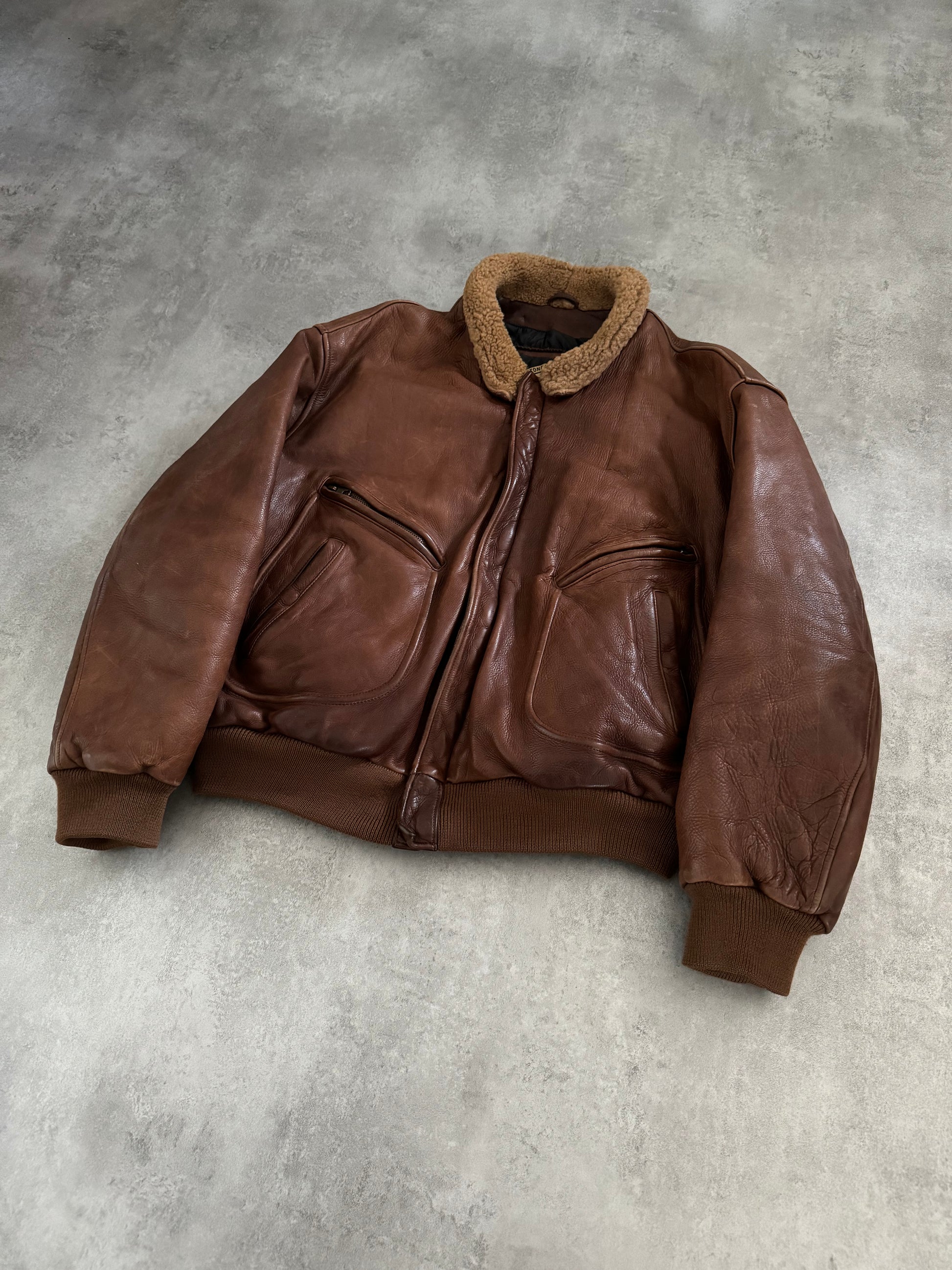 1980s Emporio Armani Aviator Brown Leather Bomber Jacket (L) - 10