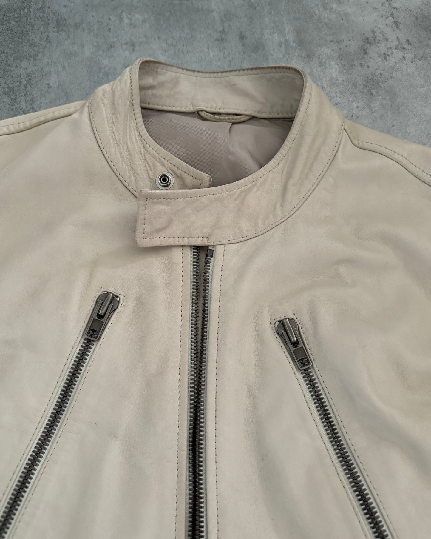 SS2004 Maison Margiela Beige 5 Zips Leather Jacket (L) - 6