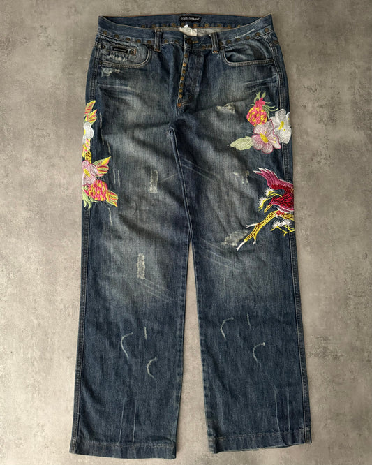 SS2006 Dolce & Gabbana Hawaii Embroideries Denim Jeans  (L) - 1