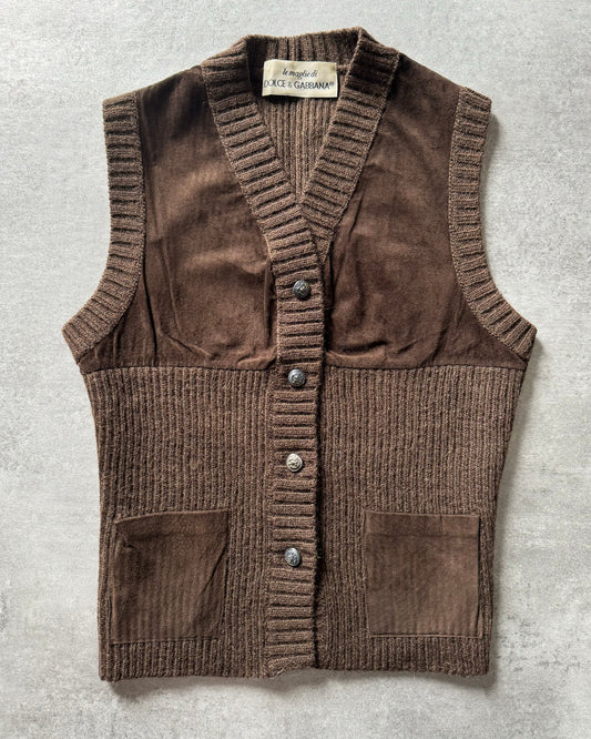 1990s Dolce & Gabbana Wool Leather Brown Cardigan  (XS) - 1