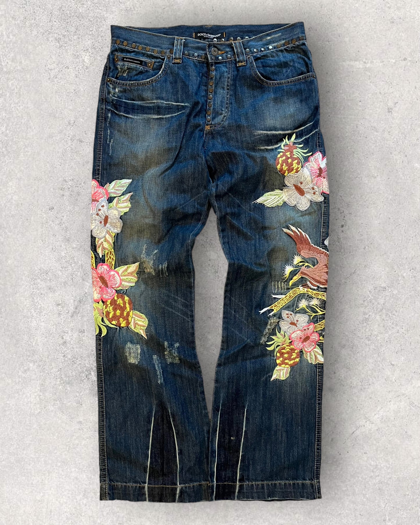 New Dolce & Gabbana Embroidered Jeans Hawaii Theme 5 Pocket Straight Leg  Size 42