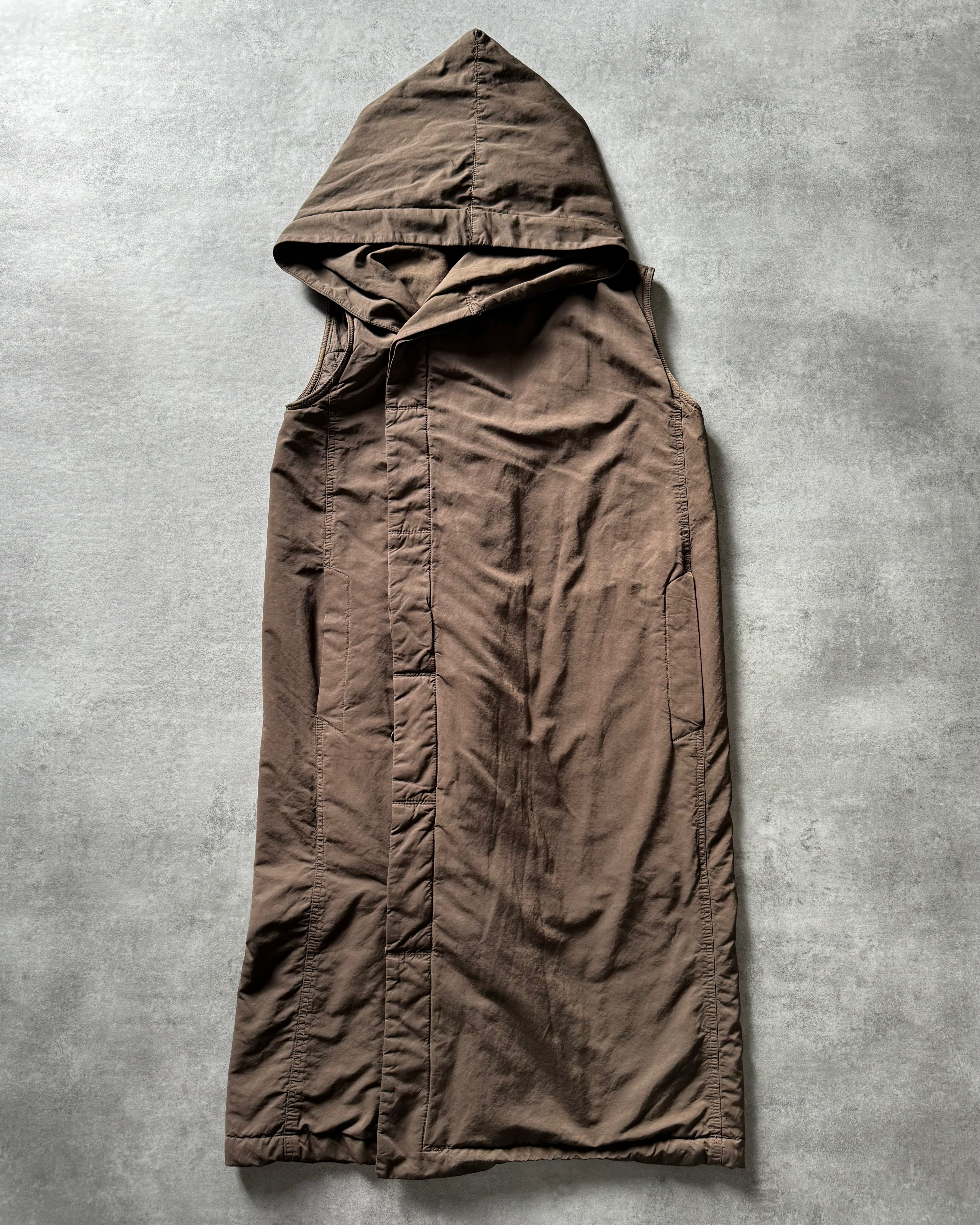 SS2015 Rick Owens Long Sleeveless Brown Hooded Jacket (M) - 1