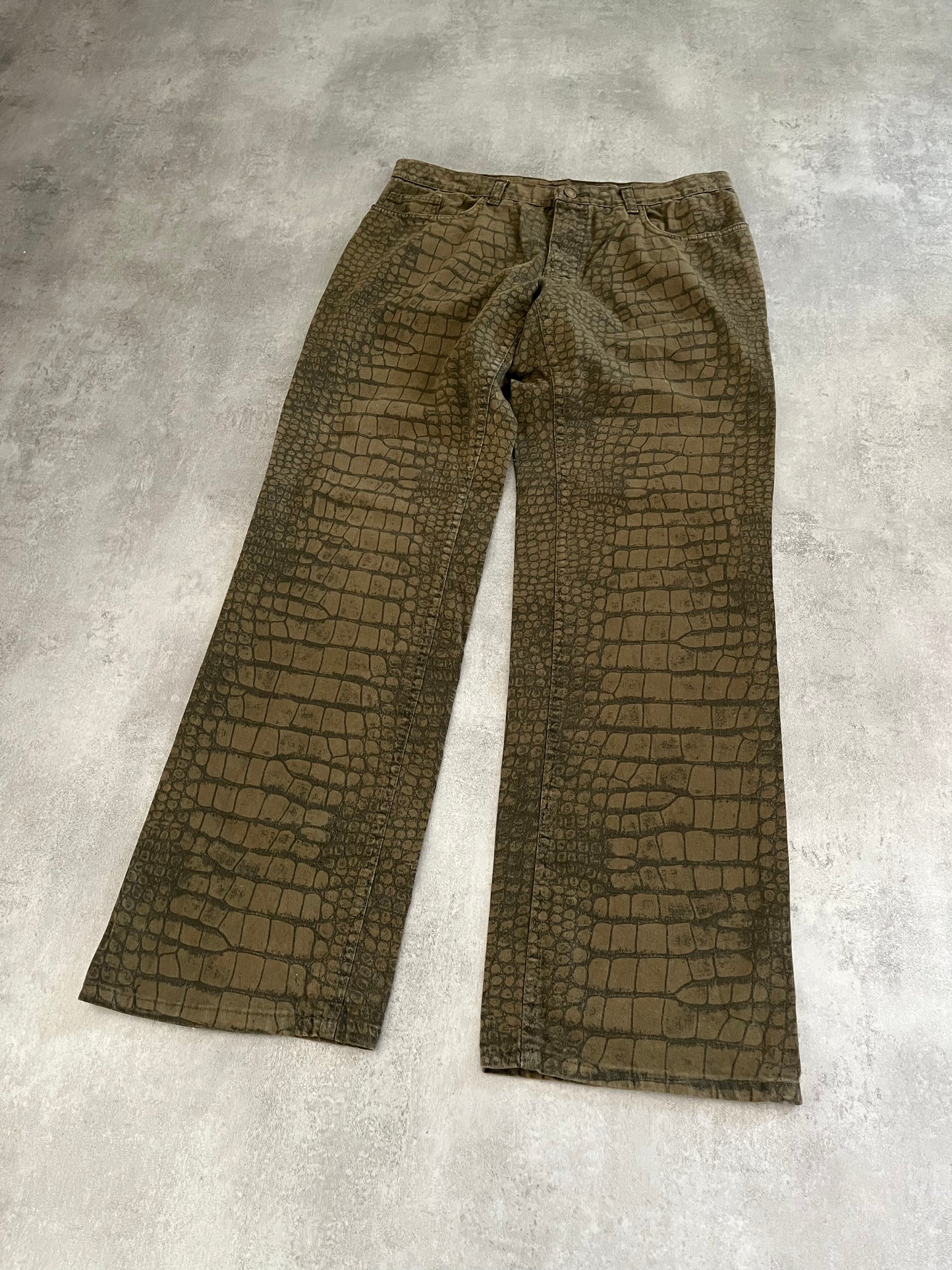 AW2001 Roberto Cavalli Crocodile Effect Olive Pants (L) - 3