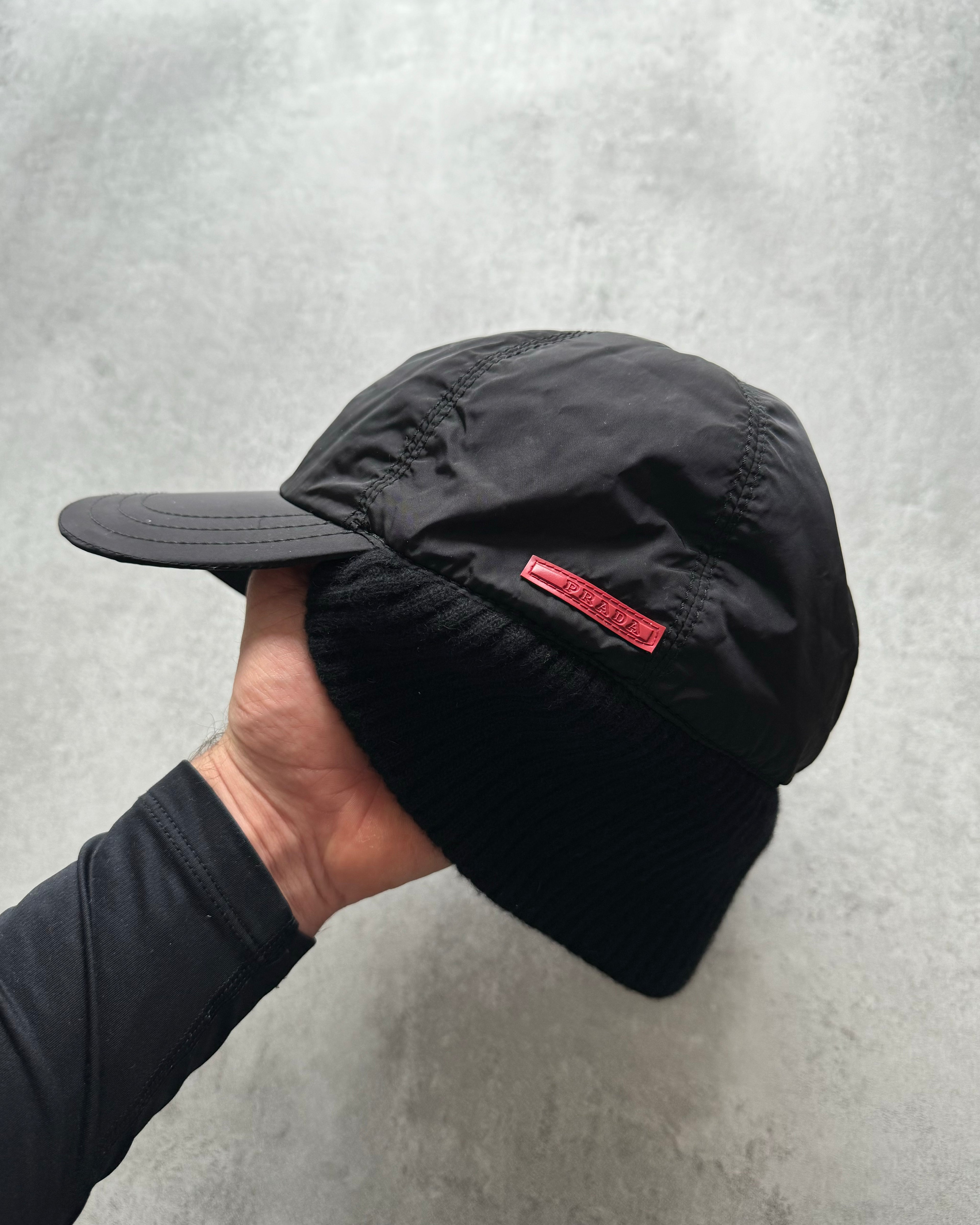 AW2001 Prada Black Wool Protect Nylon Cap  (OS) - 3