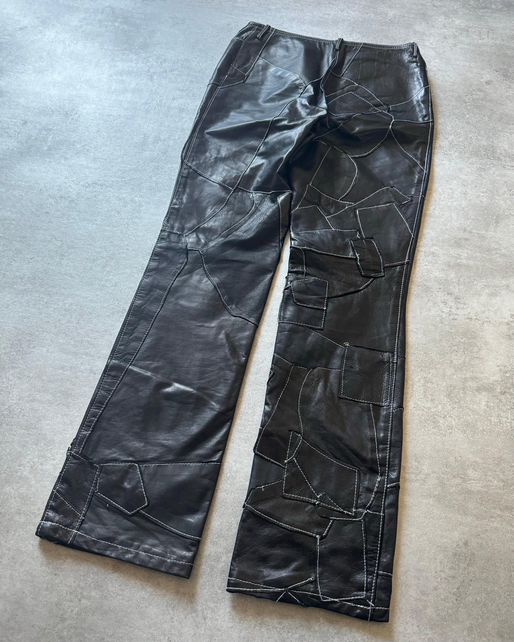 2000s Plein Sud Black Leather Patchwork Pants  (S) - 4