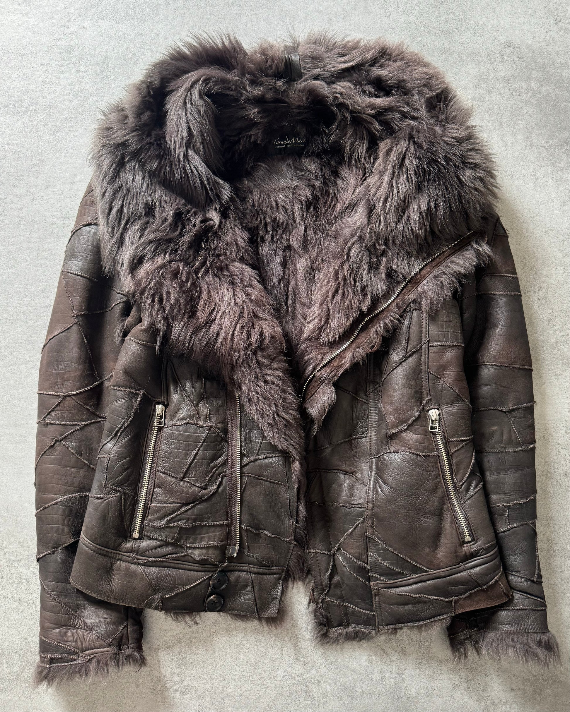 Tornado Mart Brown Twisted Fur & Leather Patchwork Jacket  (M) - 1