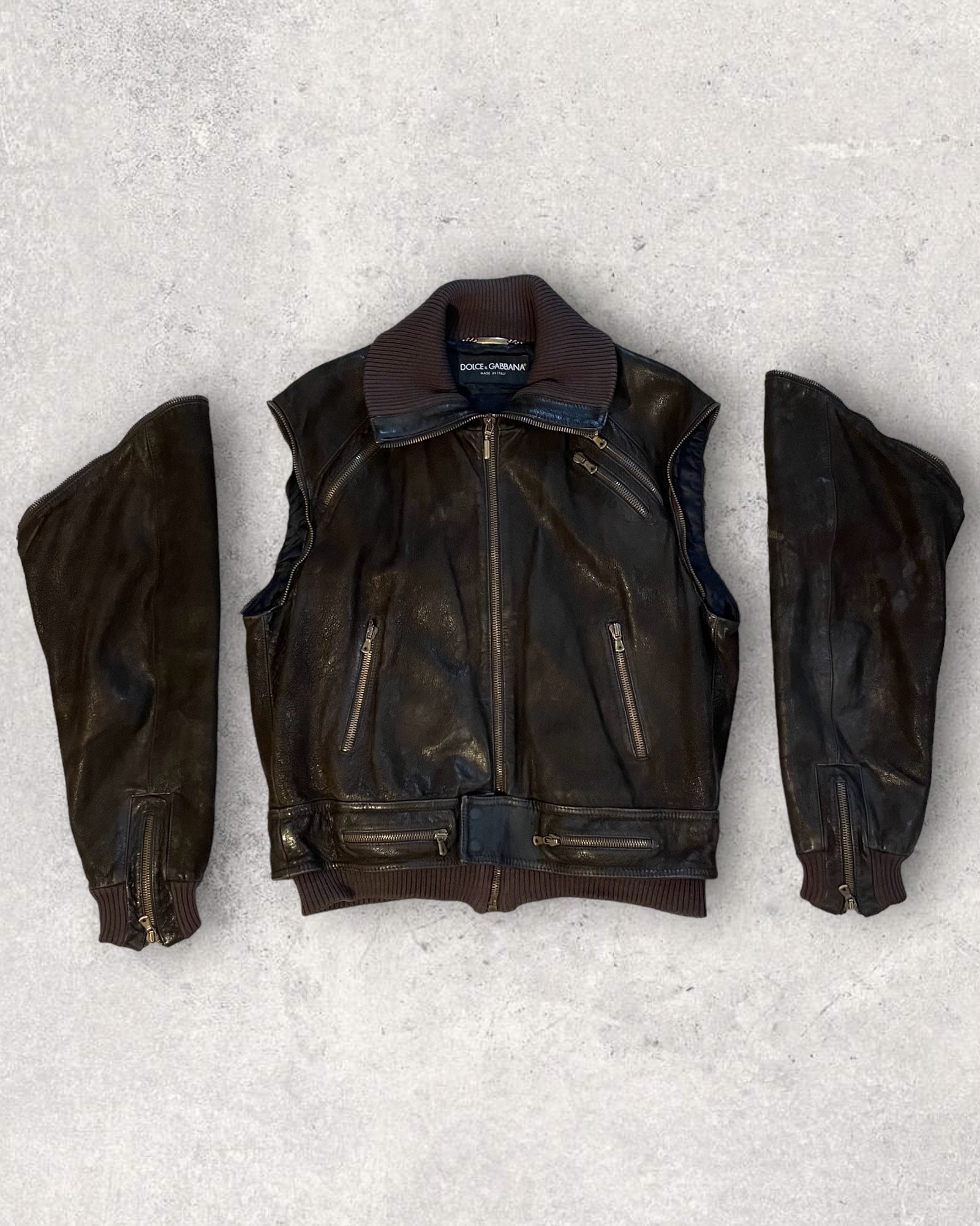 AW2003 ドルチェ＆ガッバーナ 取り外し可能なアーム付きレザー アビエイター ボンバー ジャケット (L)