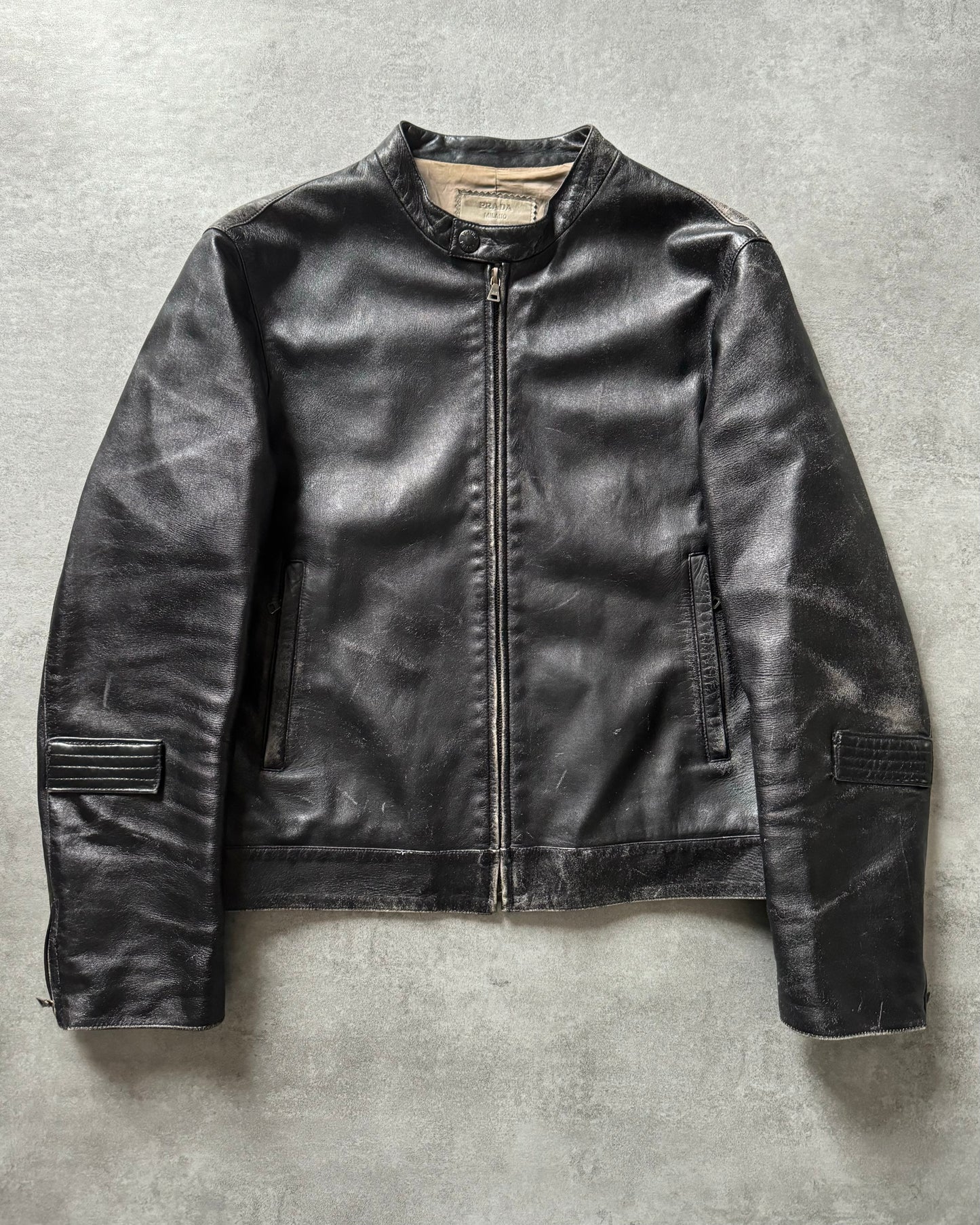 2000s Prada Biker Patched Retro Leather Jacket (S) - 1