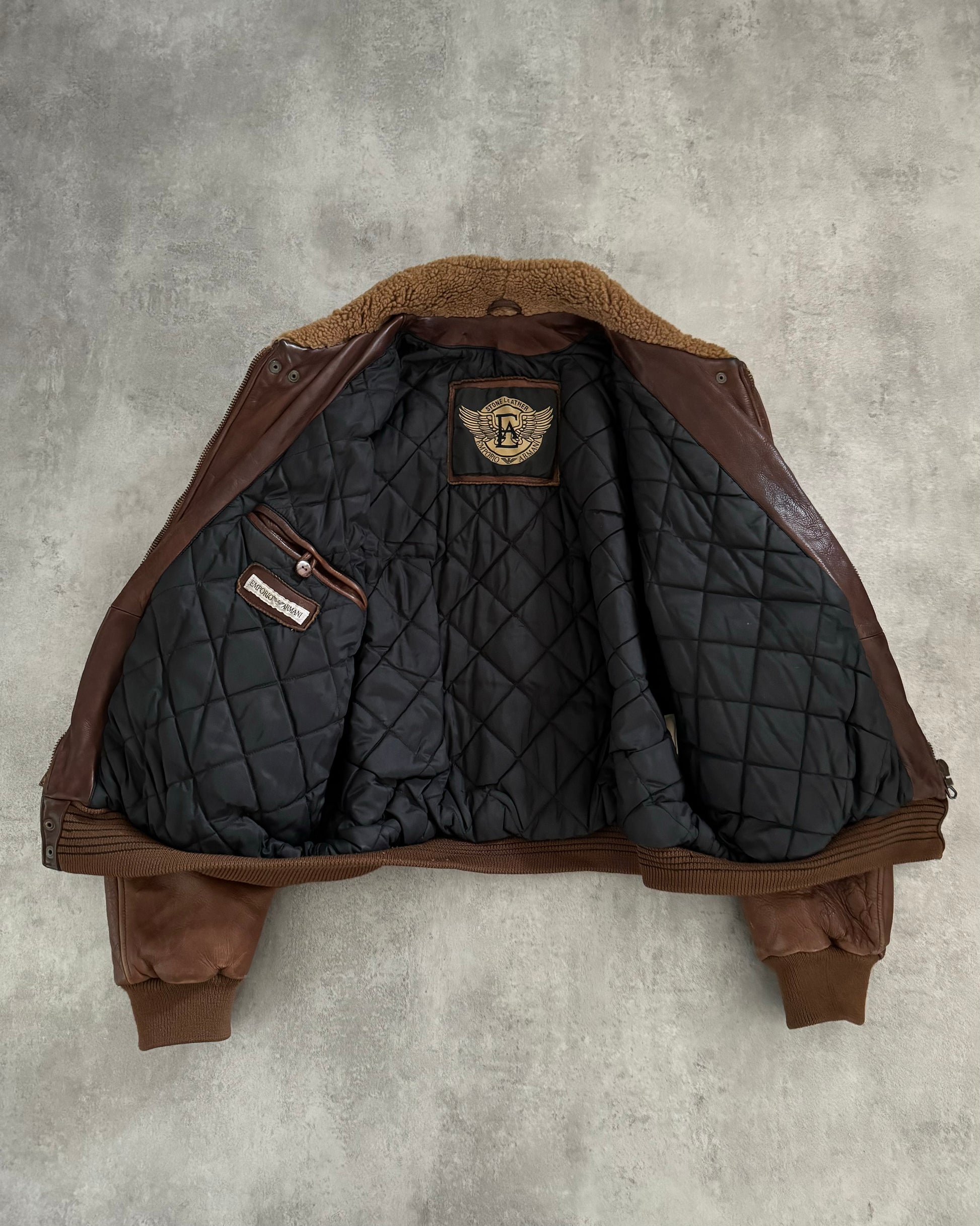 1980s Emporio Armani Aviator Brown Leather Bomber Jacket (L) - 3