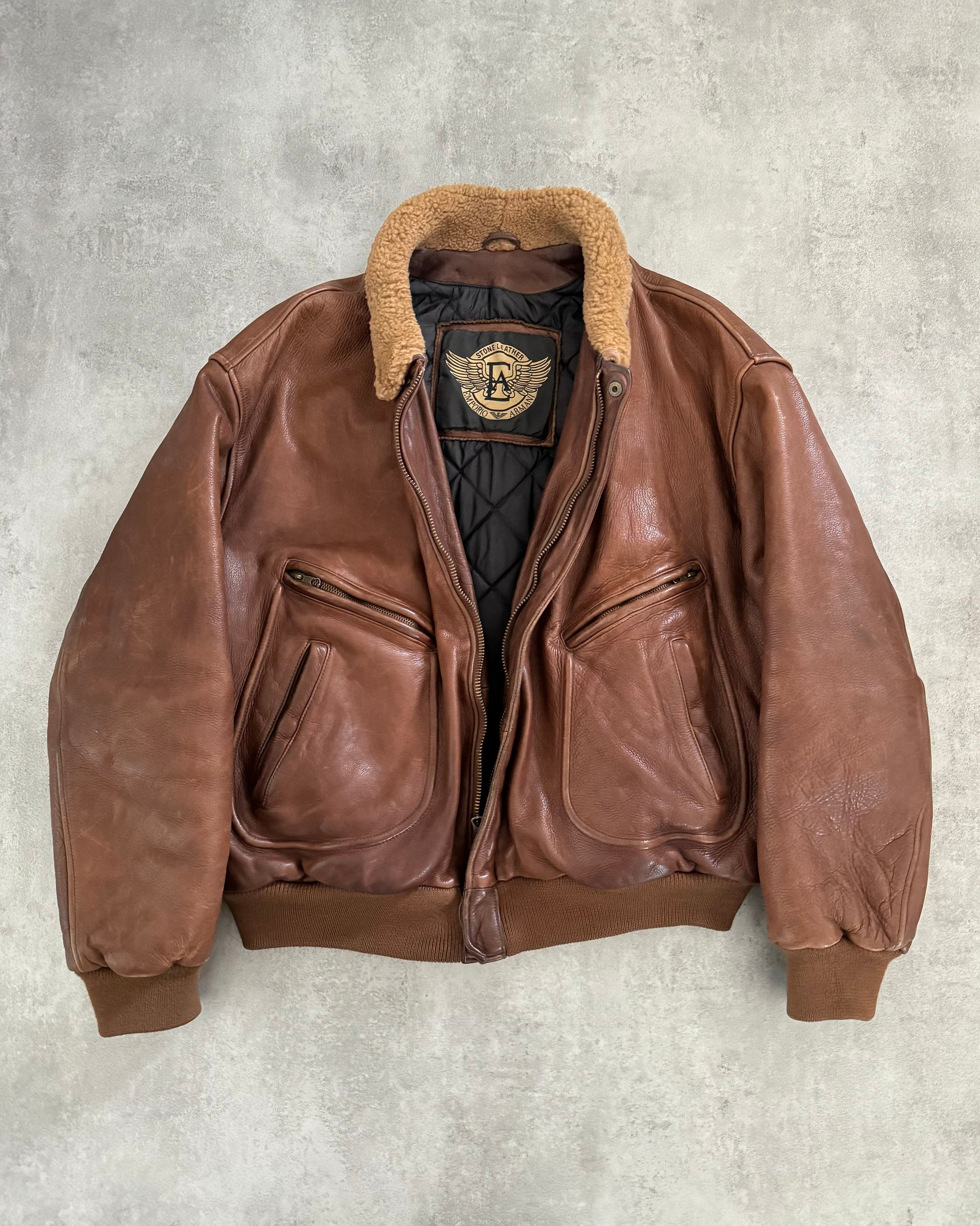 1980s Emporio Armani Aviator Brown Leather Bomber Jacket L