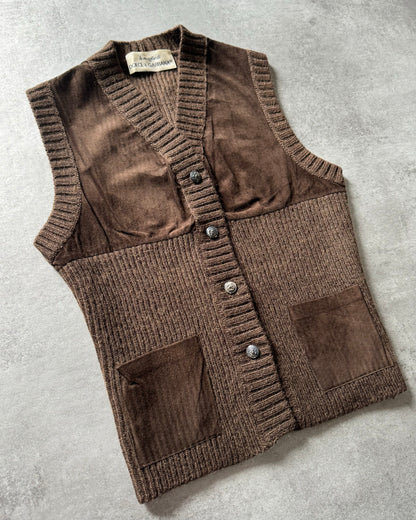 1990s Dolce & Gabbana Wool Leather Brown Cardigan  (XS) - 2