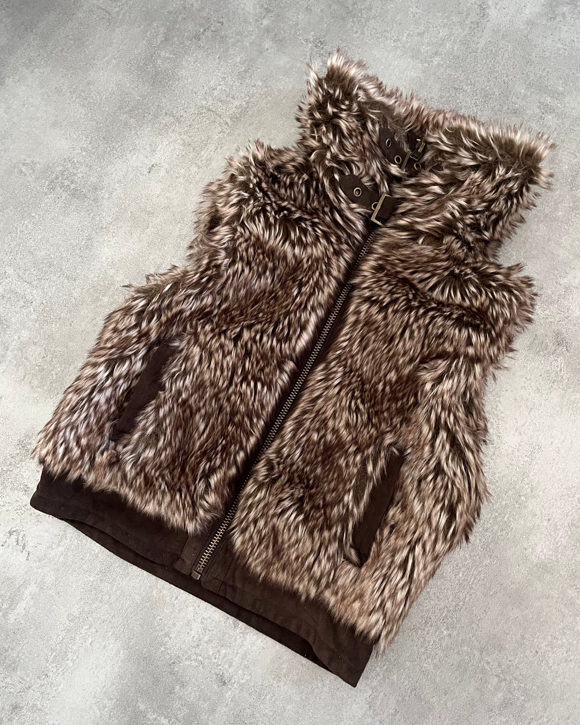 Underground Brown Faux Fur Sleeveless Jacket (XS) - 2