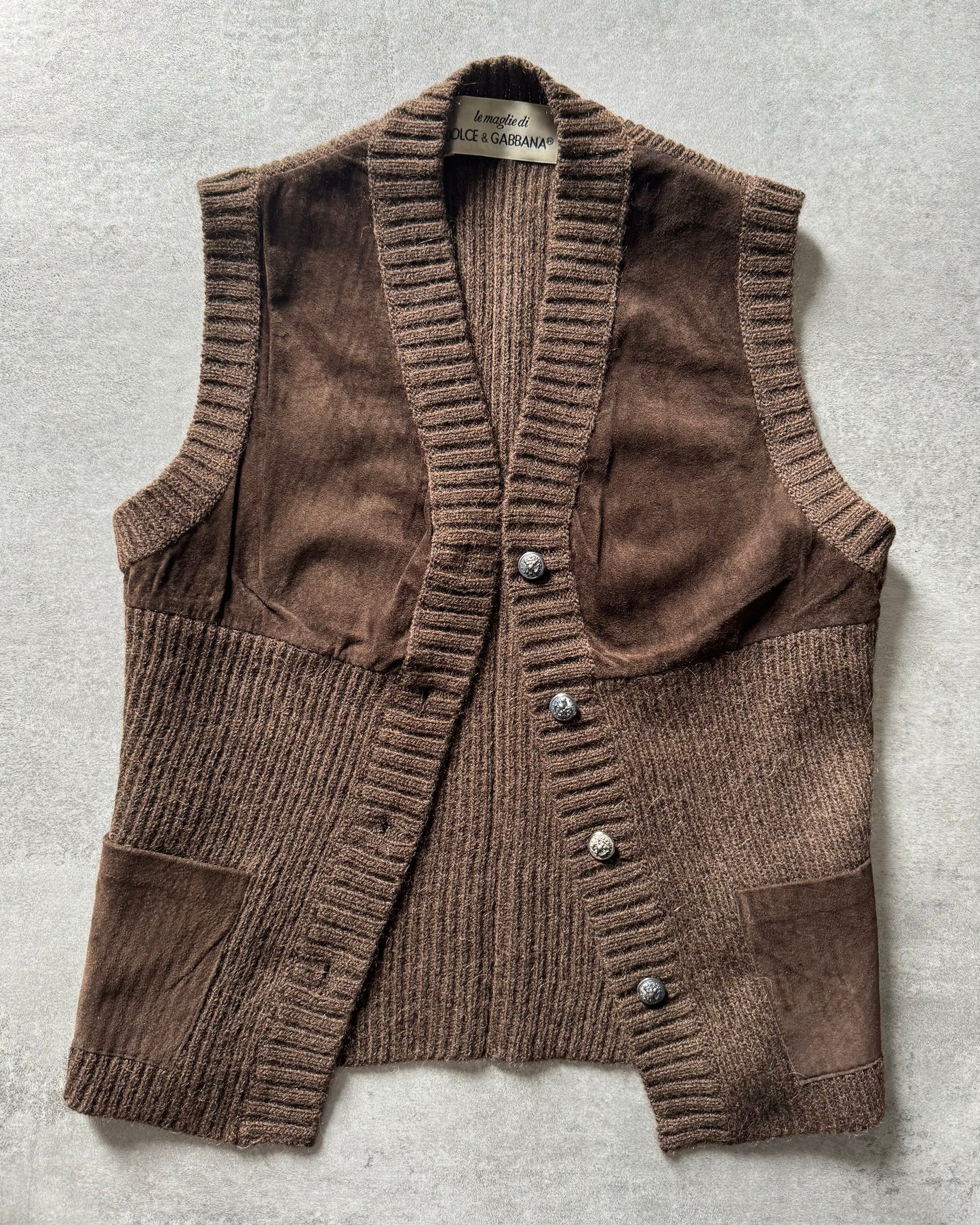 1990s Dolce & Gabbana Wool Leather Brown Cardigan  (XS) - 3