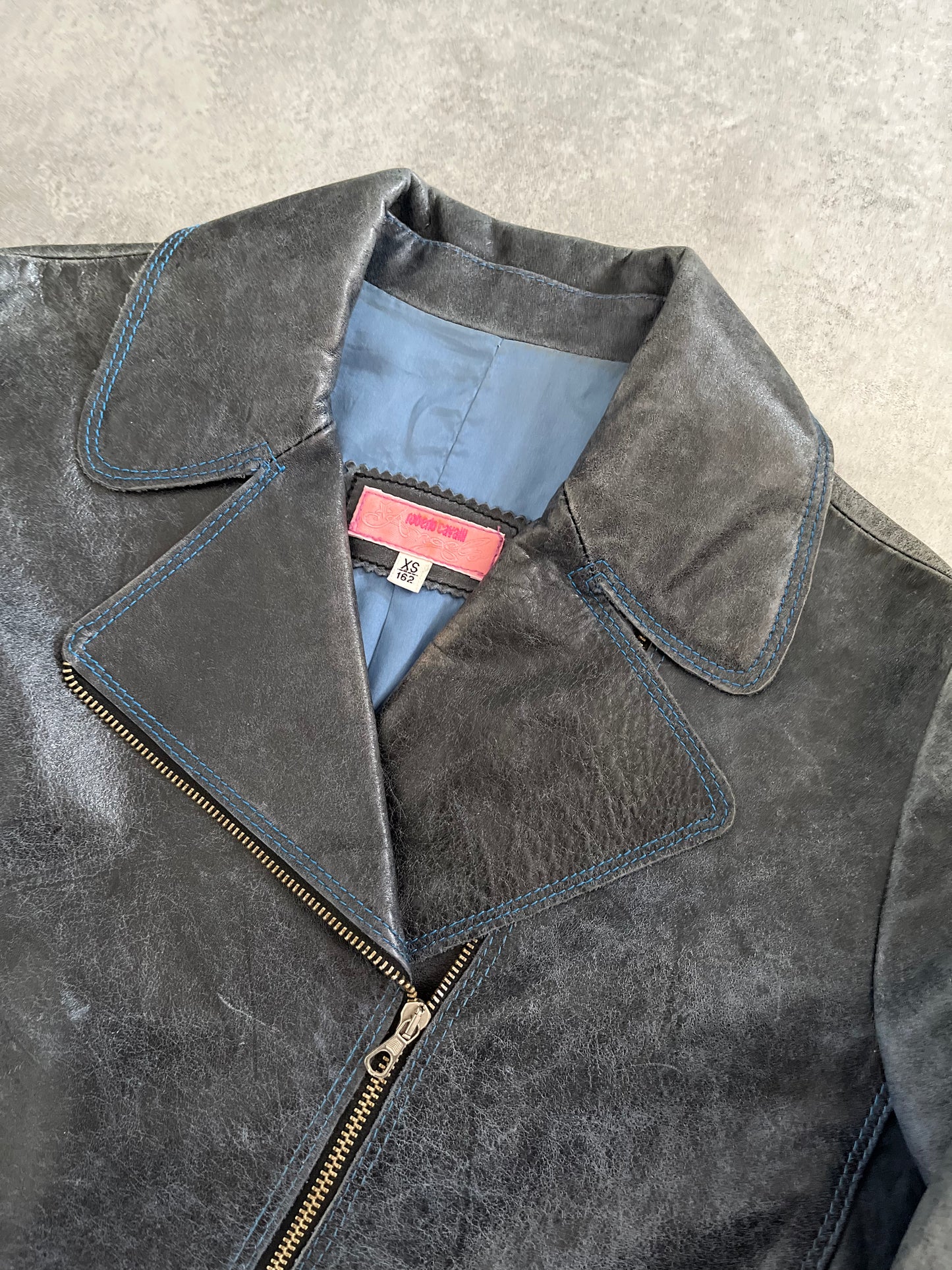 AW2001 Roberto Cavalli Blue Faded Biker Jacket (XS) - 5