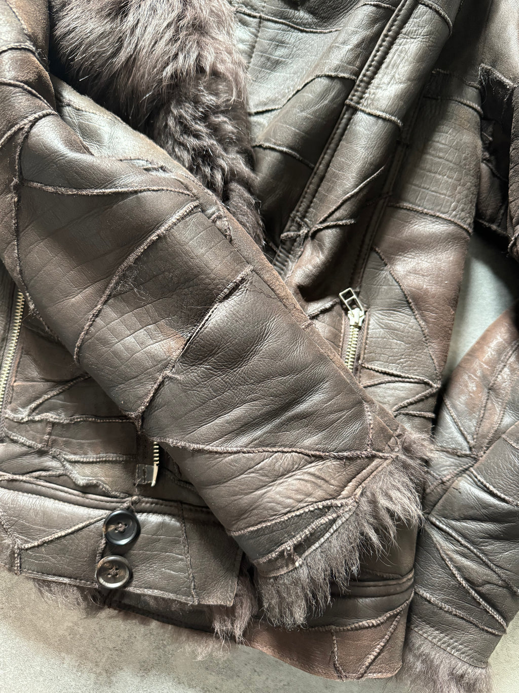 Tornado Mart Brown Twisted Fur & Leather Patchwork Jacket (S Tornado Mart Brown Twisted Fur & Leather Patchwork Jacket (S